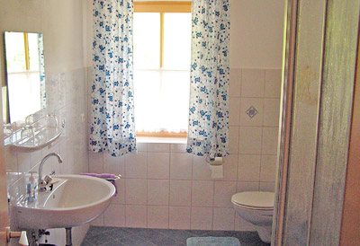 Das Bad mit Dusche und WC im Greiner Hof in den Chiemgauer Alpen, Bayern